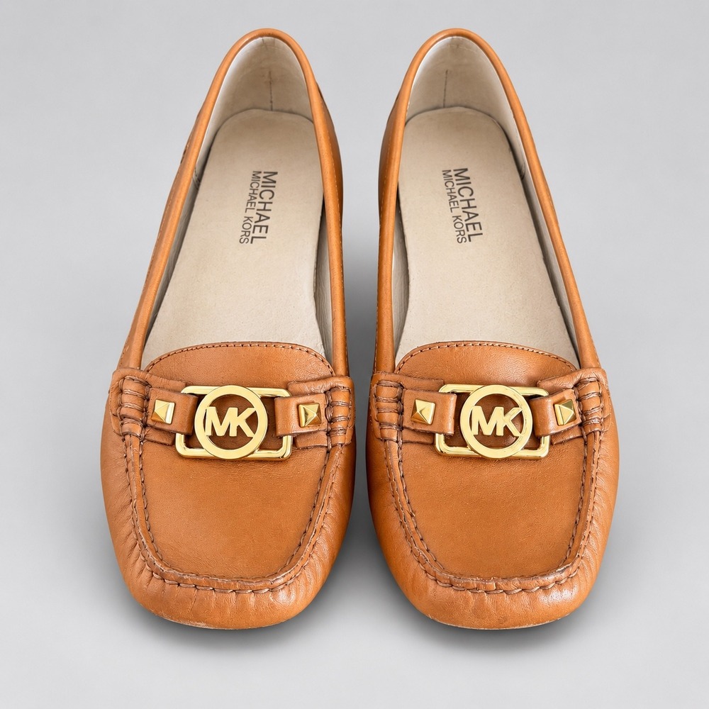 Michael Kors Fulton Loafers Womens 7.5 Tan Leather Studded Logo Preppy Moccasin